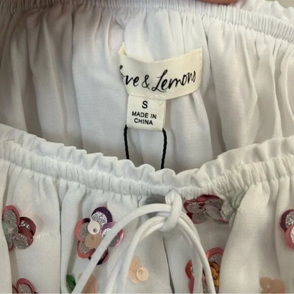 For Love & Lemons Crop Top Cold Hearted Short Sleeve Sequin Flower White Pink - Picture 10 of 15